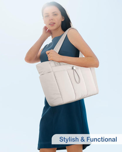 Puffy Tote Bag for Women with Cup Holder & Laptop Compartment & Cosmetic Bag & Trolley Sleeve for Work, Travel