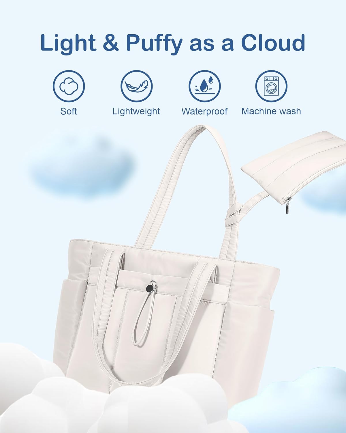Puffy Tote Bag for Women with Cup Holder & Laptop Compartment & Cosmetic Bag & Trolley Sleeve for Work, Travel