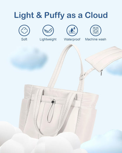Puffy Tote Bag for Women with Cup Holder & Laptop Compartment & Cosmetic Bag & Trolley Sleeve for Work, Travel