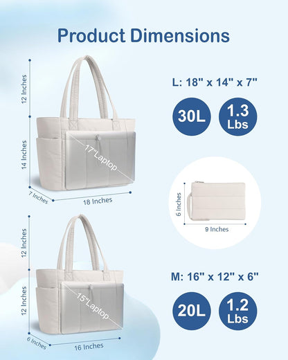 Puffy Tote Bag for Women with Cup Holder & Laptop Compartment & Cosmetic Bag & Trolley Sleeve for Work, Travel