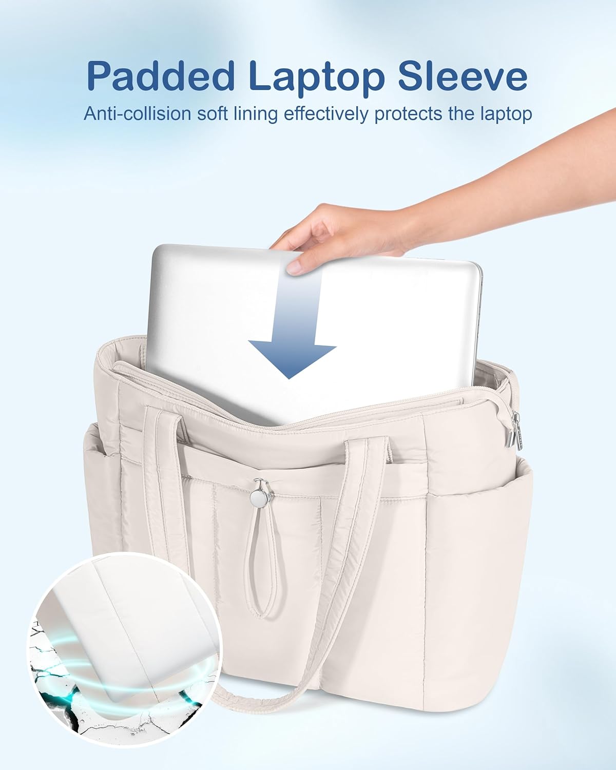 Puffy Tote Bag for Women with Cup Holder & Laptop Compartment & Cosmetic Bag & Trolley Sleeve for Work, Travel