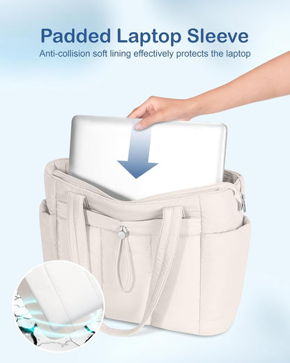 Puffy Tote Bag for Women with Cup Holder & Laptop Compartment & Cosmetic Bag & Trolley Sleeve for Work, Travel