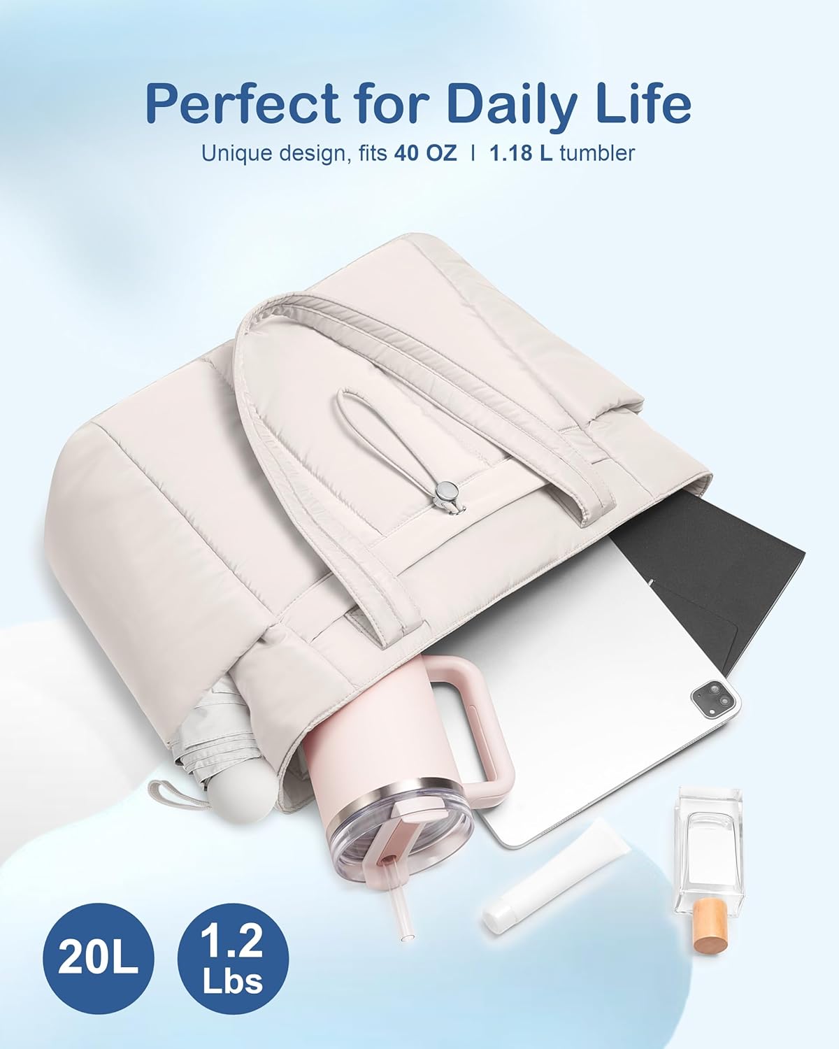 Puffy Tote Bag for Women with Cup Holder & Laptop Compartment & Cosmetic Bag & Trolley Sleeve for Work, Travel