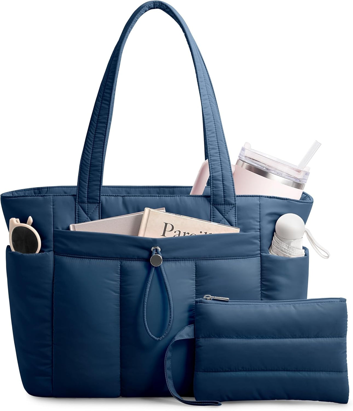 Puffy Tote Bag for Women with Cup Holder & Laptop Compartment & Cosmetic Bag & Trolley Sleeve for Work, Travel