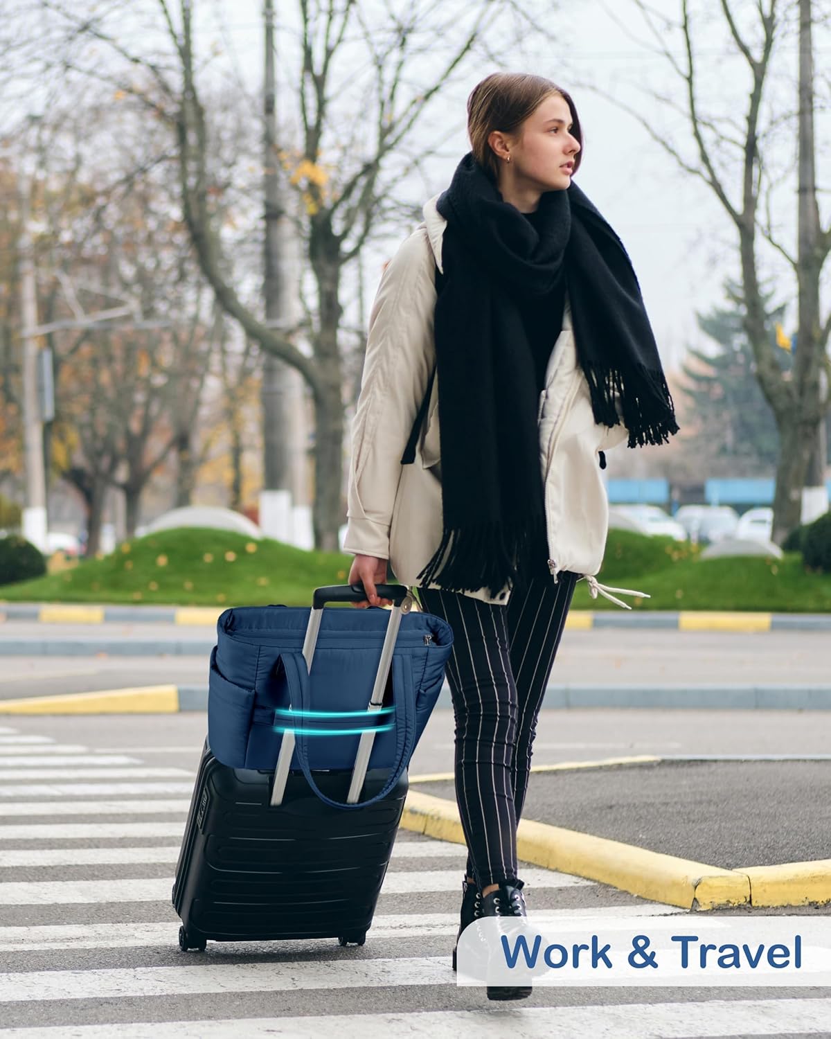 Puffy Tote Bag for Women with Cup Holder & Laptop Compartment & Cosmetic Bag & Trolley Sleeve for Work, Travel