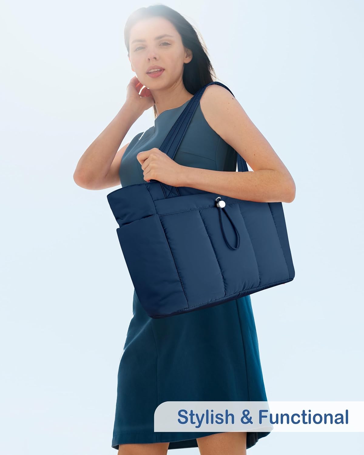 Puffy Tote Bag for Women with Cup Holder & Laptop Compartment & Cosmetic Bag & Trolley Sleeve for Work, Travel