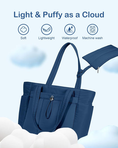 Puffy Tote Bag for Women with Cup Holder & Laptop Compartment & Cosmetic Bag & Trolley Sleeve for Work, Travel