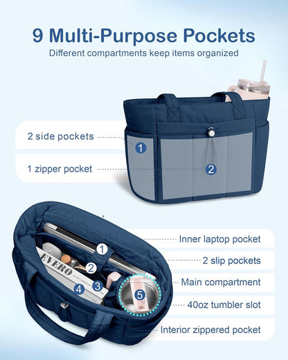 Puffy Tote Bag for Women with Cup Holder & Laptop Compartment & Cosmetic Bag & Trolley Sleeve for Work, Travel