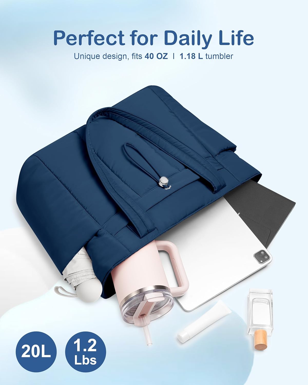 Puffy Tote Bag for Women with Cup Holder & Laptop Compartment & Cosmetic Bag & Trolley Sleeve for Work, Travel