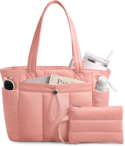 Puffy Tote Bag for Women with Cup Holder & Laptop Compartment & Cosmetic Bag & Trolley Sleeve for Work, Travel