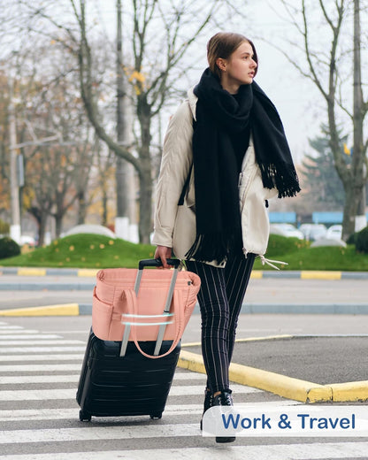 Puffy Tote Bag for Women with Cup Holder & Laptop Compartment & Cosmetic Bag & Trolley Sleeve for Work, Travel