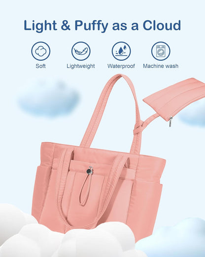 Puffy Tote Bag for Women with Cup Holder & Laptop Compartment & Cosmetic Bag & Trolley Sleeve for Work, Travel