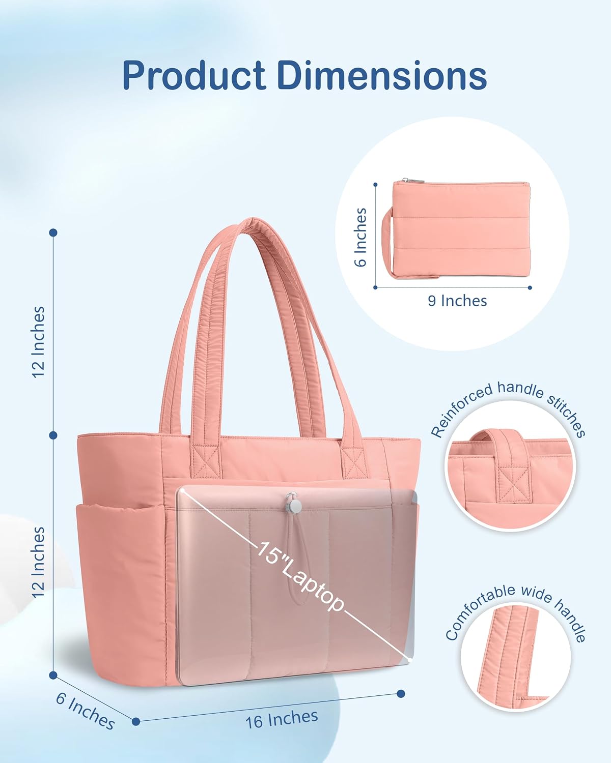 Puffy Tote Bag for Women with Cup Holder & Laptop Compartment & Cosmetic Bag & Trolley Sleeve for Work, Travel