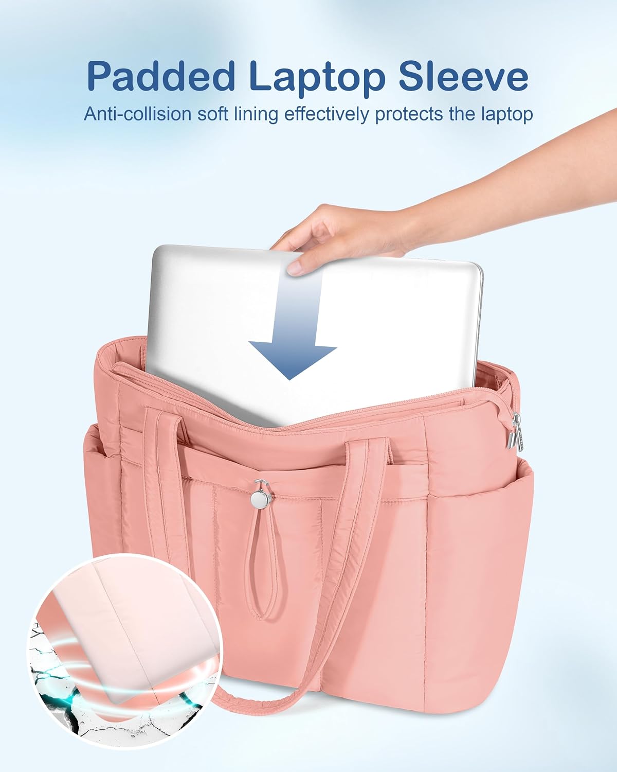 Puffy Tote Bag for Women with Cup Holder & Laptop Compartment & Cosmetic Bag & Trolley Sleeve for Work, Travel