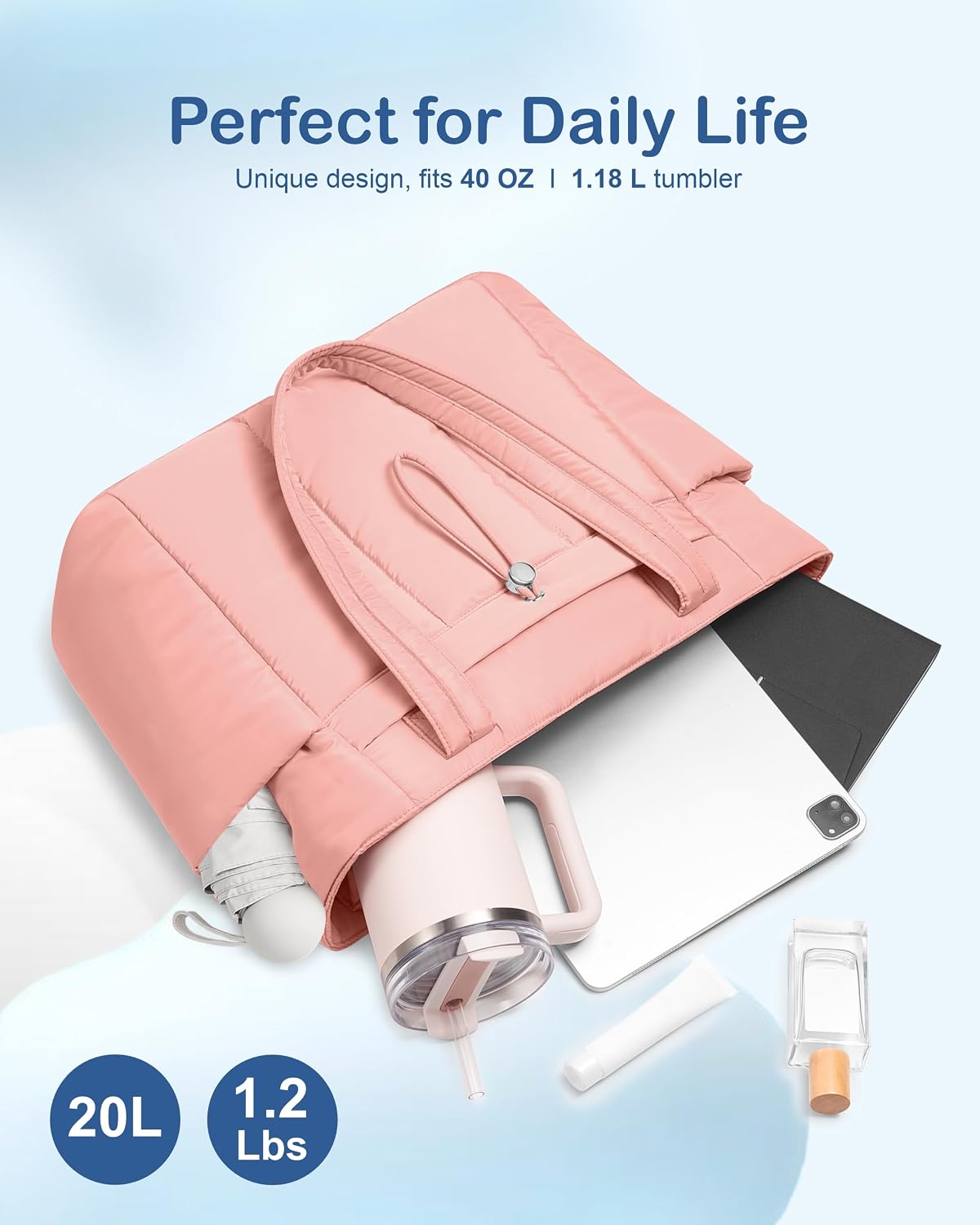 Puffy Tote Bag for Women with Cup Holder & Laptop Compartment & Cosmetic Bag & Trolley Sleeve for Work, Travel