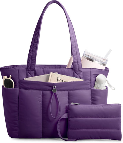 Puffy Tote Bag for Women with Cup Holder & Laptop Compartment & Cosmetic Bag & Trolley Sleeve for Work, Travel