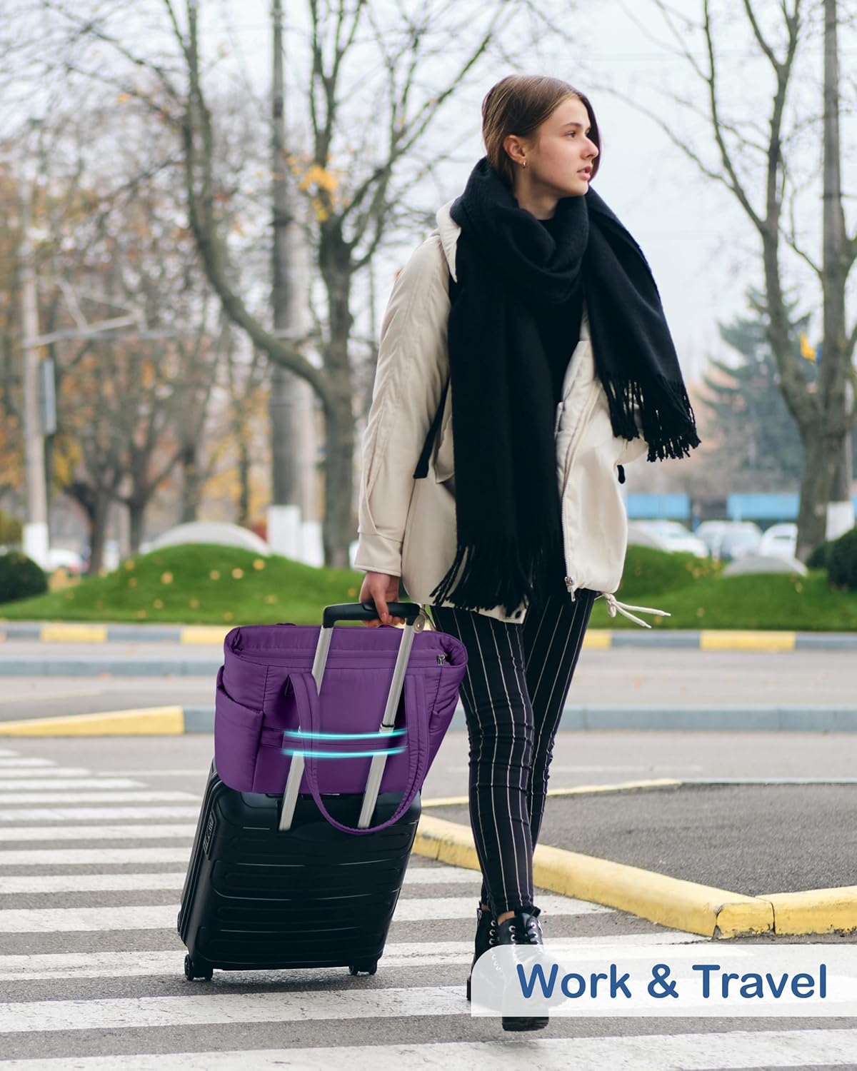 Puffy Tote Bag for Women with Cup Holder & Laptop Compartment & Cosmetic Bag & Trolley Sleeve for Work, Travel