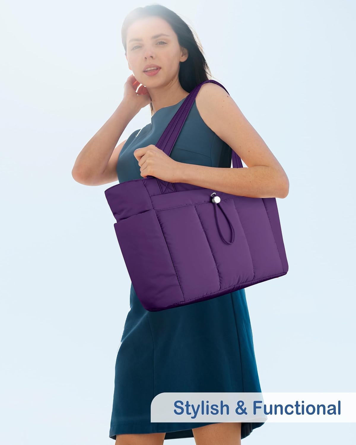 Puffy Tote Bag for Women with Cup Holder & Laptop Compartment & Cosmetic Bag & Trolley Sleeve for Work, Travel