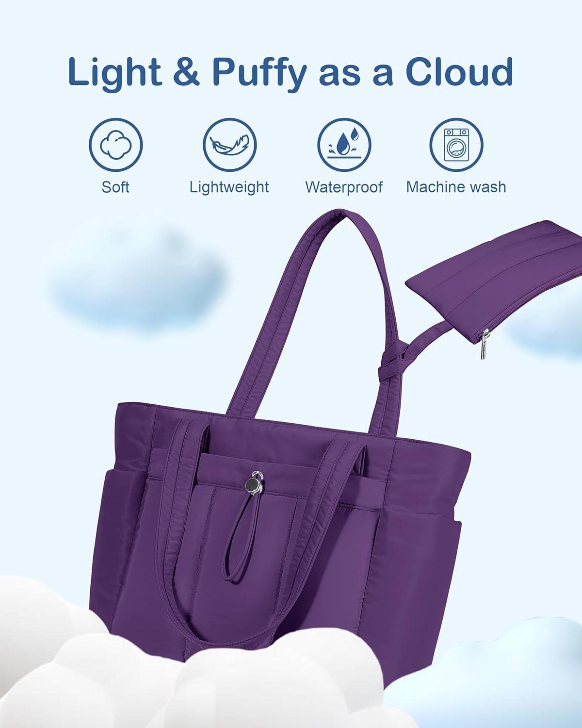 Puffy Tote Bag for Women with Cup Holder & Laptop Compartment & Cosmetic Bag & Trolley Sleeve for Work, Travel