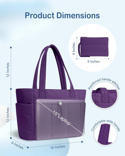 Puffy Tote Bag for Women with Cup Holder & Laptop Compartment & Cosmetic Bag & Trolley Sleeve for Work, Travel