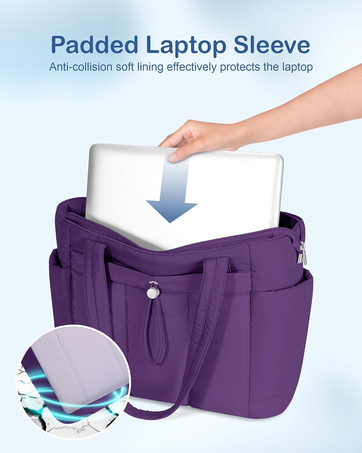 Puffy Tote Bag for Women with Cup Holder & Laptop Compartment & Cosmetic Bag & Trolley Sleeve for Work, Travel