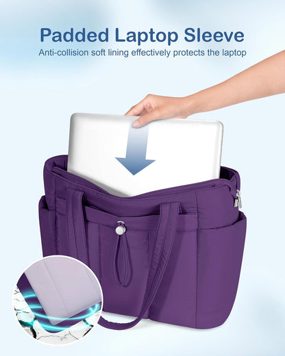 Puffy Tote Bag for Women with Cup Holder & Laptop Compartment & Cosmetic Bag & Trolley Sleeve for Work, Travel