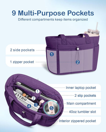 Puffy Tote Bag for Women with Cup Holder & Laptop Compartment & Cosmetic Bag & Trolley Sleeve for Work, Travel