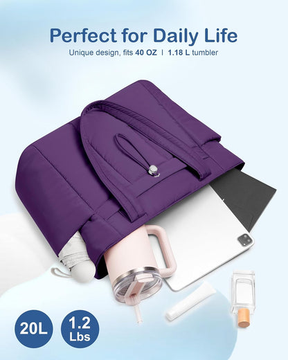Puffy Tote Bag for Women with Cup Holder & Laptop Compartment & Cosmetic Bag & Trolley Sleeve for Work, Travel