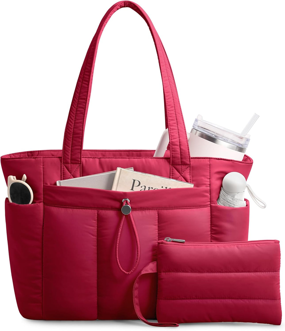 Puffy Tote Bag for Women with Cup Holder & Laptop Compartment & Cosmetic Bag & Trolley Sleeve for Work, Travel