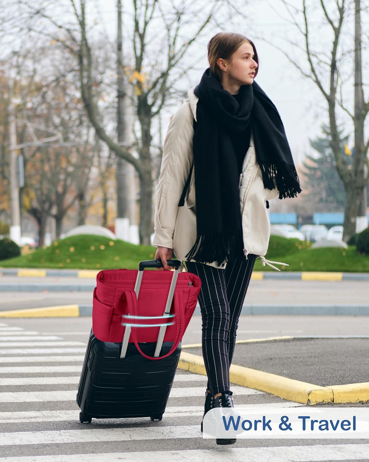 Puffy Tote Bag for Women with Cup Holder & Laptop Compartment & Cosmetic Bag & Trolley Sleeve for Work, Travel