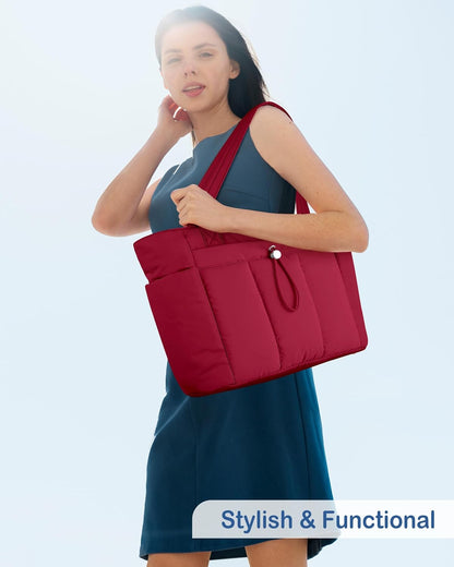 Puffy Tote Bag for Women with Cup Holder & Laptop Compartment & Cosmetic Bag & Trolley Sleeve for Work, Travel