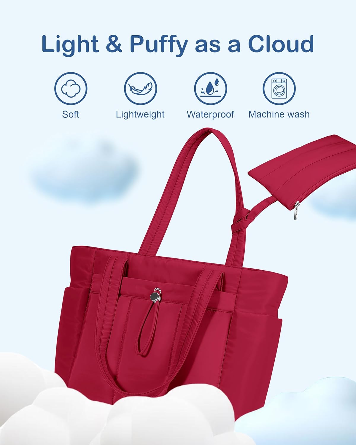 Puffy Tote Bag for Women with Cup Holder & Laptop Compartment & Cosmetic Bag & Trolley Sleeve for Work, Travel