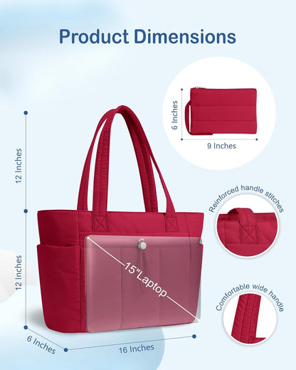 Puffy Tote Bag for Women with Cup Holder & Laptop Compartment & Cosmetic Bag & Trolley Sleeve for Work, Travel