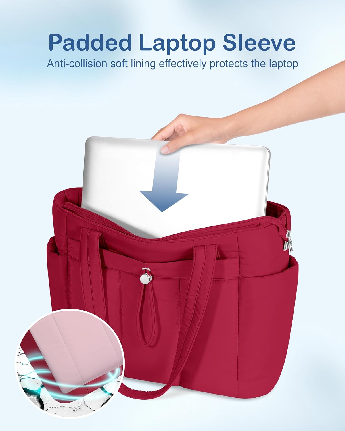Puffy Tote Bag for Women with Cup Holder & Laptop Compartment & Cosmetic Bag & Trolley Sleeve for Work, Travel
