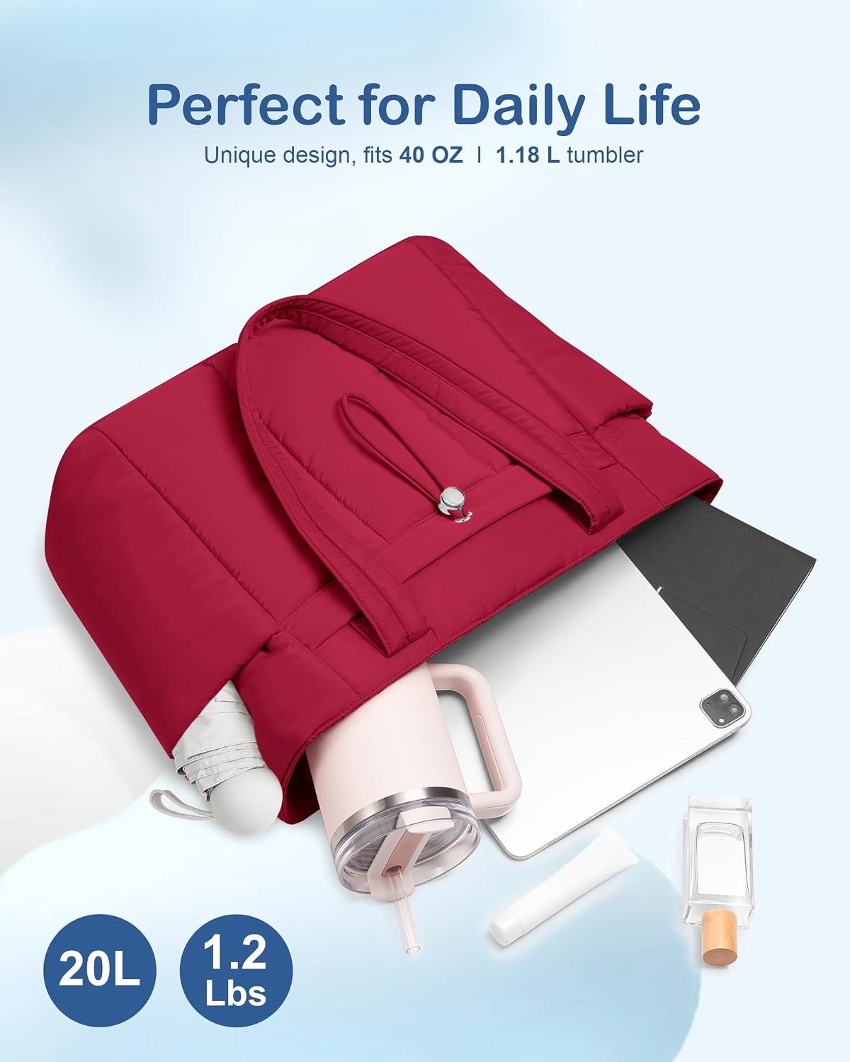 Puffy Tote Bag for Women with Cup Holder & Laptop Compartment & Cosmetic Bag & Trolley Sleeve for Work, Travel