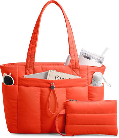Puffy Tote Bag for Women with Cup Holder & Laptop Compartment & Cosmetic Bag & Trolley Sleeve for Work, Travel