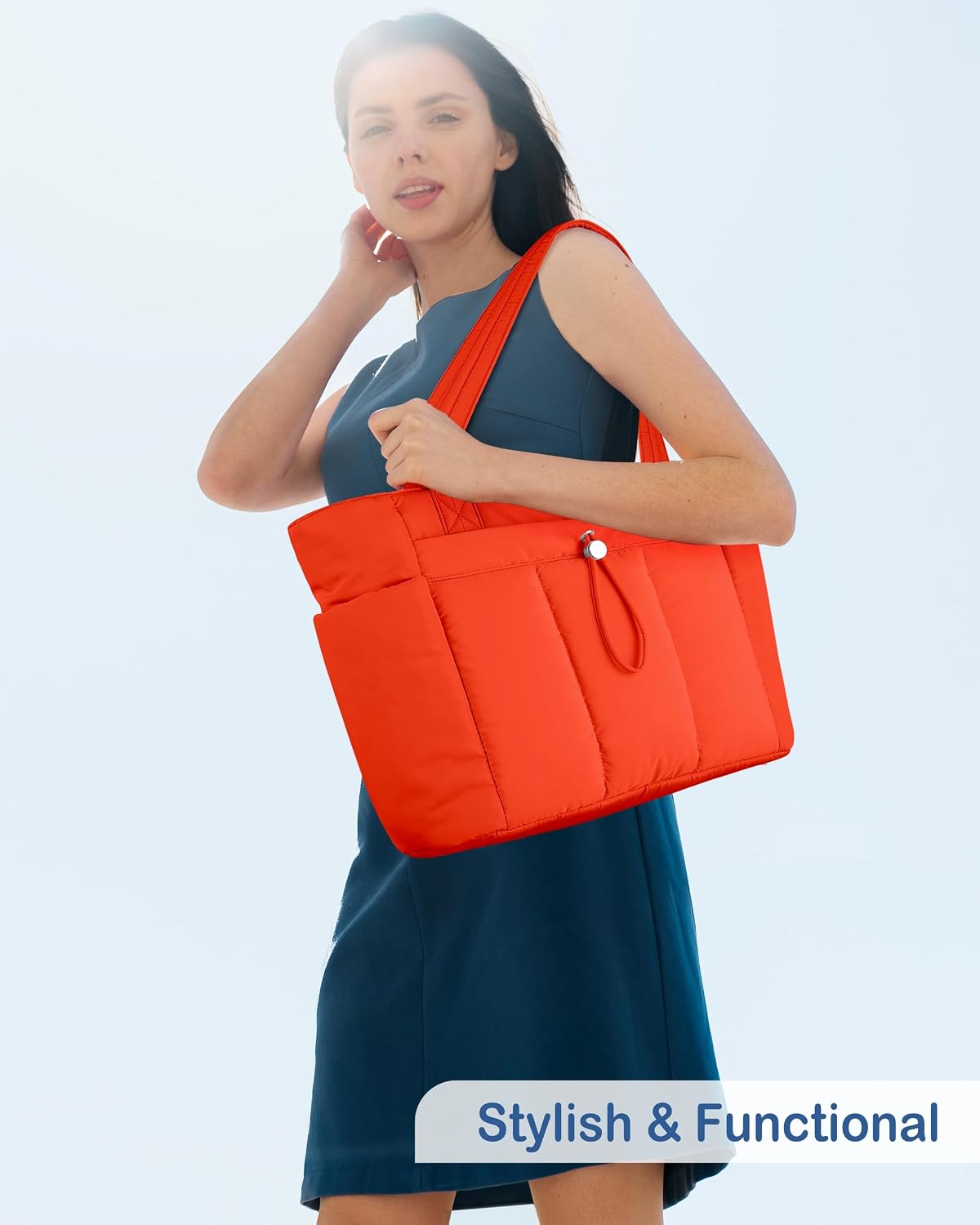 Puffy Tote Bag for Women with Cup Holder & Laptop Compartment & Cosmetic Bag & Trolley Sleeve for Work, Travel