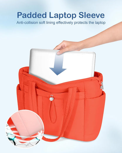 Puffy Tote Bag for Women with Cup Holder & Laptop Compartment & Cosmetic Bag & Trolley Sleeve for Work, Travel
