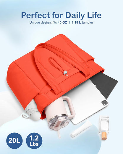 Puffy Tote Bag for Women with Cup Holder & Laptop Compartment & Cosmetic Bag & Trolley Sleeve for Work, Travel