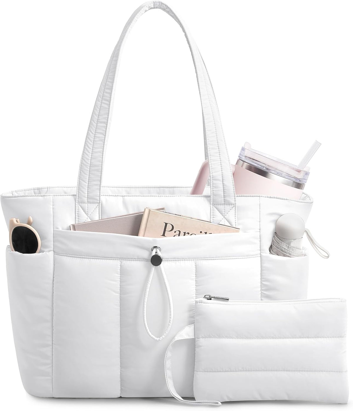 Puffy Tote Bag for Women with Cup Holder & Laptop Compartment & Cosmetic Bag & Trolley Sleeve for Work, Travel