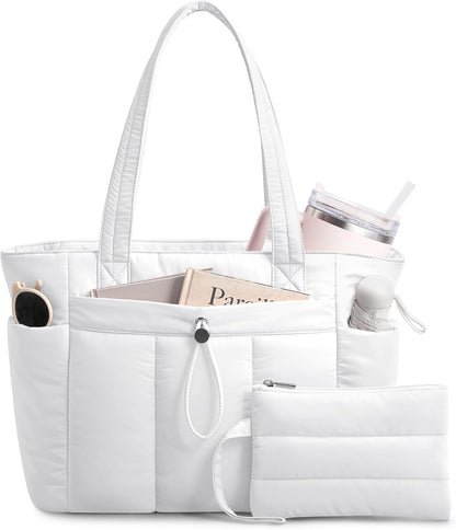 Puffy Tote Bag for Women with Cup Holder & Laptop Compartment & Cosmetic Bag & Trolley Sleeve for Work, Travel