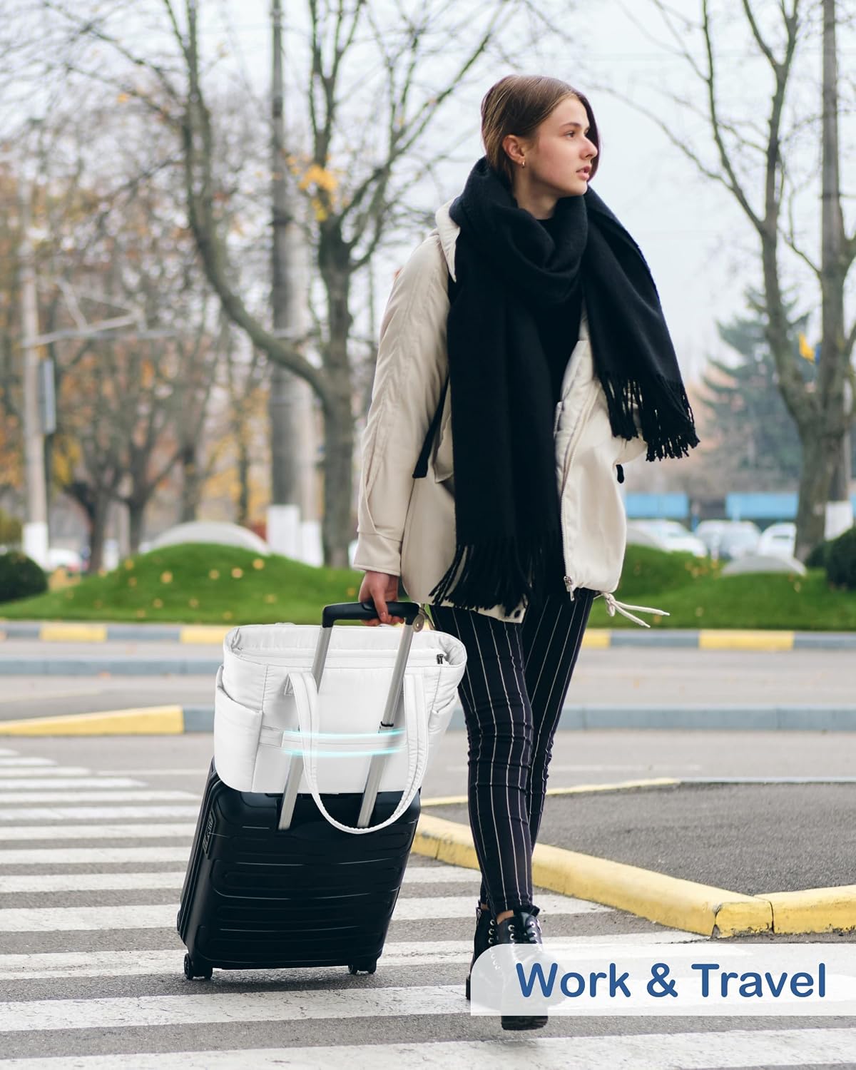 Puffy Tote Bag for Women with Cup Holder & Laptop Compartment & Cosmetic Bag & Trolley Sleeve for Work, Travel