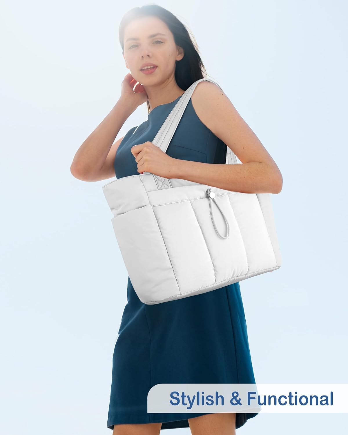 Puffy Tote Bag for Women with Cup Holder & Laptop Compartment & Cosmetic Bag & Trolley Sleeve for Work, Travel