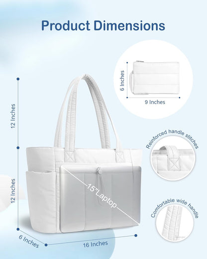 Puffy Tote Bag for Women with Cup Holder & Laptop Compartment & Cosmetic Bag & Trolley Sleeve for Work, Travel