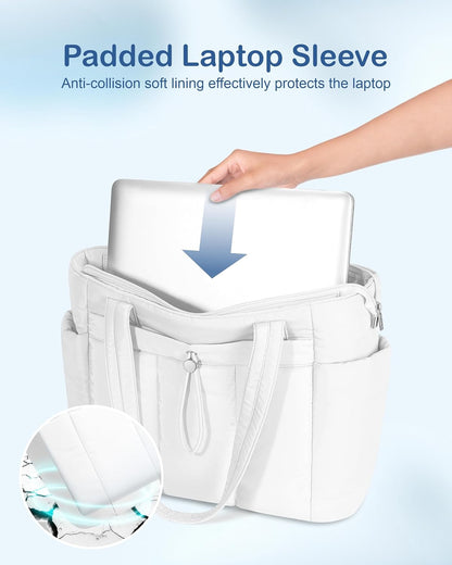 Puffy Tote Bag for Women with Cup Holder & Laptop Compartment & Cosmetic Bag & Trolley Sleeve for Work, Travel
