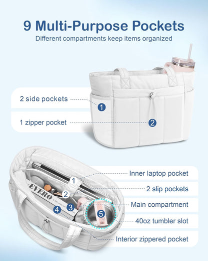 Puffy Tote Bag for Women with Cup Holder & Laptop Compartment & Cosmetic Bag & Trolley Sleeve for Work, Travel