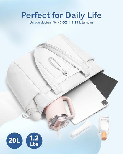 Puffy Tote Bag for Women with Cup Holder & Laptop Compartment & Cosmetic Bag & Trolley Sleeve for Work, Travel