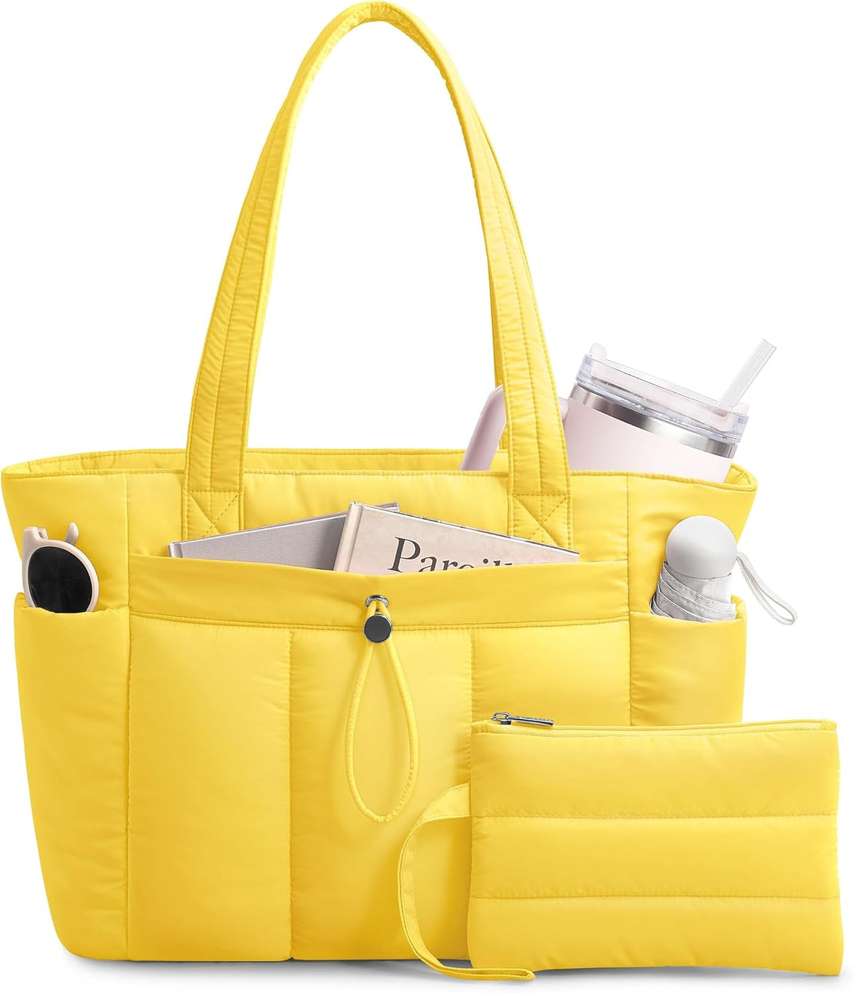 Puffy Tote Bag for Women with Cup Holder & Laptop Compartment & Cosmetic Bag & Trolley Sleeve for Work, Travel