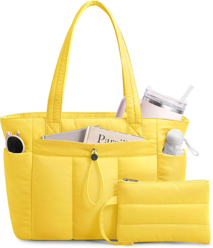 Puffy Tote Bag for Women with Cup Holder & Laptop Compartment & Cosmetic Bag & Trolley Sleeve for Work, Travel