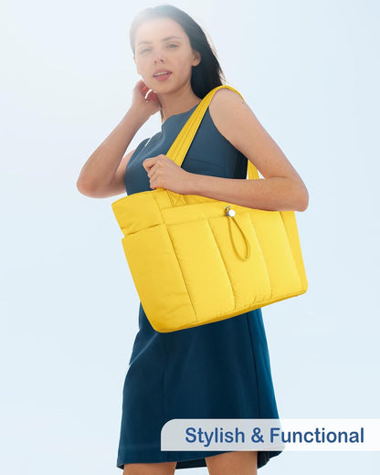 Puffy Tote Bag for Women with Cup Holder & Laptop Compartment & Cosmetic Bag & Trolley Sleeve for Work, Travel